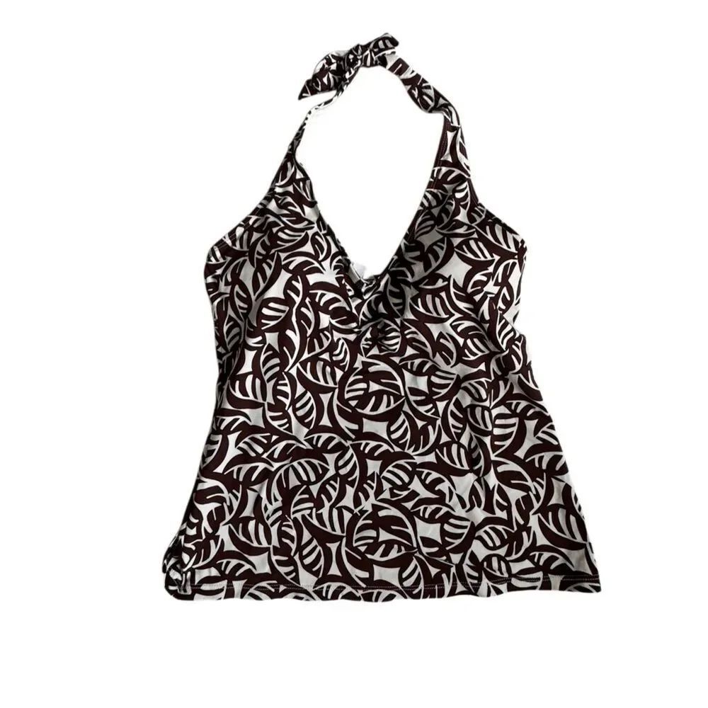 Anne Cole Halter Tankini Brown White Leaf Print Tank Swim SZ S